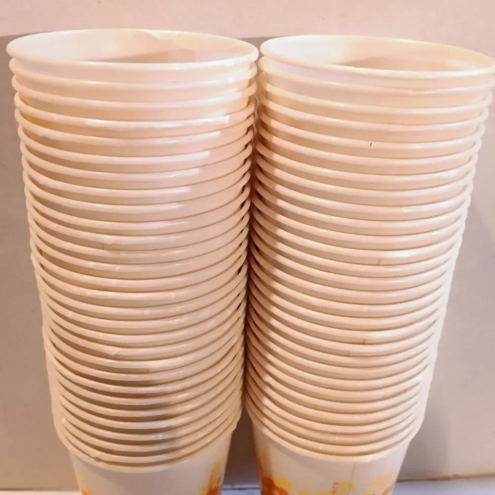 Vintage Sweetheart Orange & Yellow Flowers Waxed Paper Cups-Juice 5oz-Lot of 57